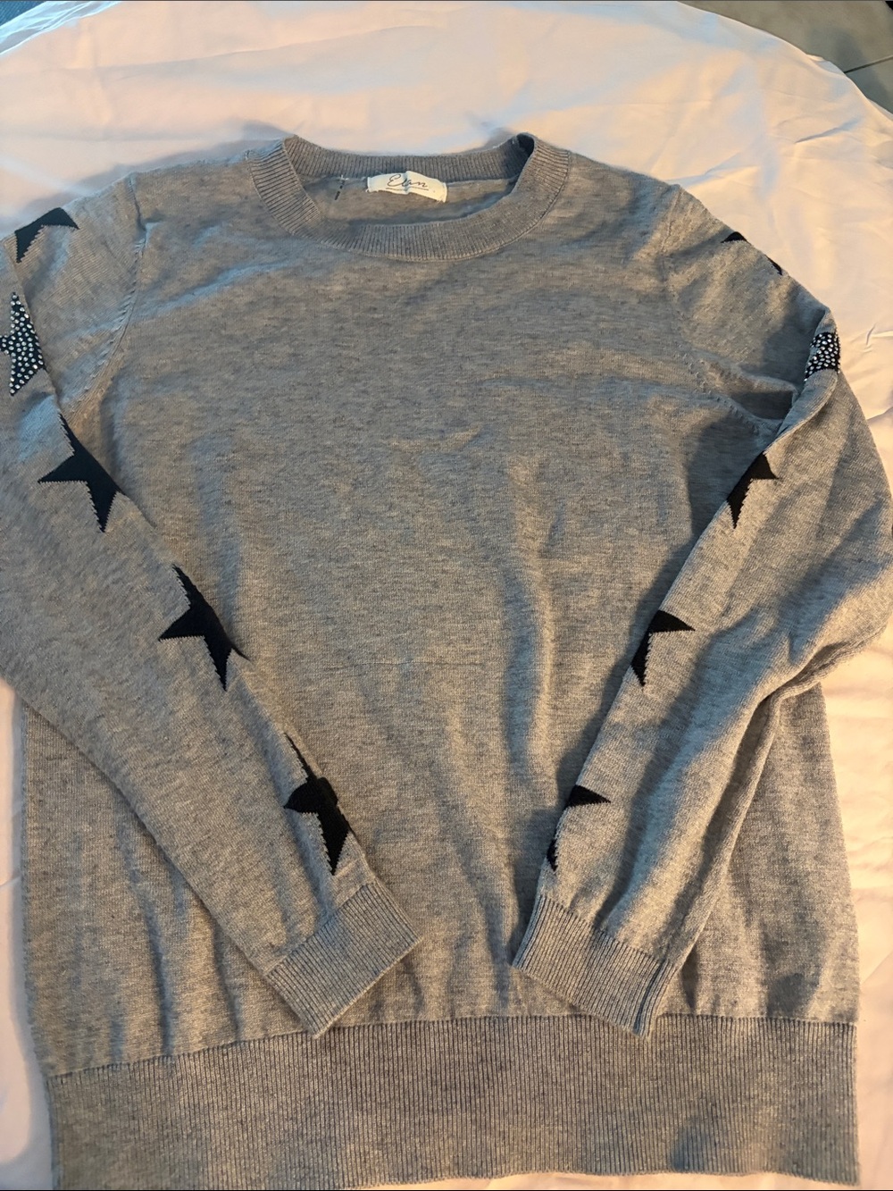Elan Gray Crewneck Sweater with Black Star Sleeve Accents